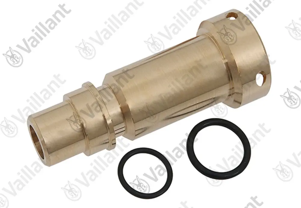 Vaillant Anschluss-Element aus Messing mit zwei O-Ringen, ovaler Form und mehreren Anschlussmöglichkeiten an beiden Enden.